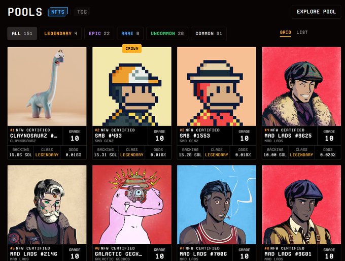 A NFT marketplace interface called 'POOLS' displaying various digital collectibles including characters and a dinosaur, with categories like Legendary, Epic, Rare, Uncommon, and Common.