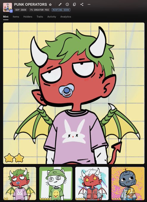 A screenshot of an NFT minting page for "PUNK OPERATORS" showcasing a red-skinned, green-haired character with horns, bat wings, and a pacifier, wearing a pink bunny t-shirt, with selection thumbnails of other characters displayed below. The post indicates the collection is set to mint in approximately 24 hours on 9.15, with a supply of 3,333 at varied pricing tiers.