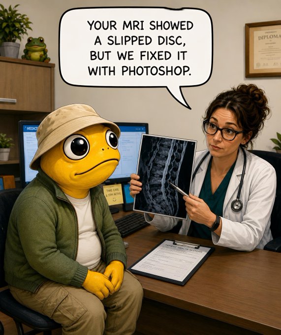 A comedic illustration of a frog character in a bucket hat sitting in a doctor's office, where the doctor holds an MRI scan and a speech bubble reads 'YOUR MRI SHOWED A SLIPPED DISC, BUT WE FIXED IT WITH PHOTOSHOP.'