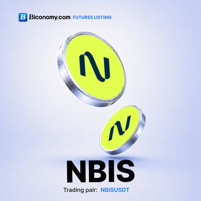A promotional graphic from Biconomy.com announcing a new futures listing for $NBIS, featuring two stylized yellow NBIS coins above the bold "NBIS" text and "Trading pair: NBISUSDT" label, visually reinforcing the announcement of the NBIS/USDT perpetual contract launch on July 28, 2026.