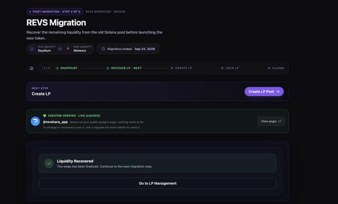 A screenshot of the "REVS Migration" page on Raydium showing step 2 of 5 ("Create LP") completed, with a confirmation that "Liquidity Recovered" from the old Solana pool occurred on Sep 24, 2026, directly reflecting the post's announcement that 490 SOL of LP has been recovered and the migration period has officially ended.