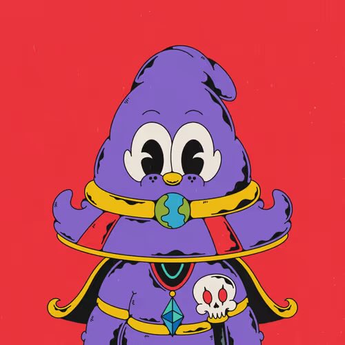 A purple cartoon character resembling a poop emoji with large eyes, a yellow ring around its middle, and a skull emblem on its chest, set against a solid red background.