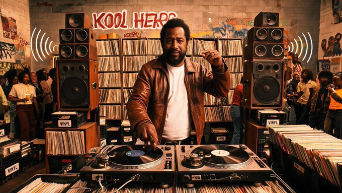 A man DJs with turntables and records in a graffiti-covered room featuring 'KOOL HERC' written on the wall behind him, surrounded by large speakers and an audience.