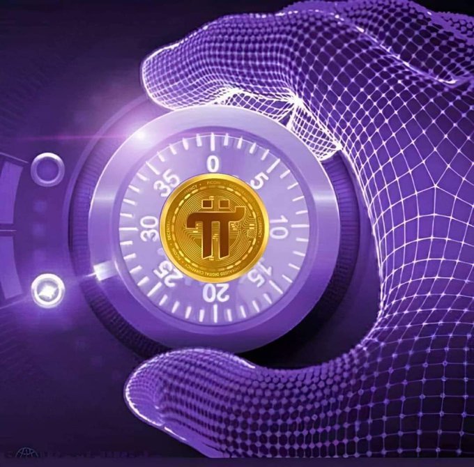 A stylized purple-tinted image featuring a combination vault dial with a gold Pi (π) cryptocurrency coin at its center, surrounded by flowing wireframe mesh patterns and digital elements.