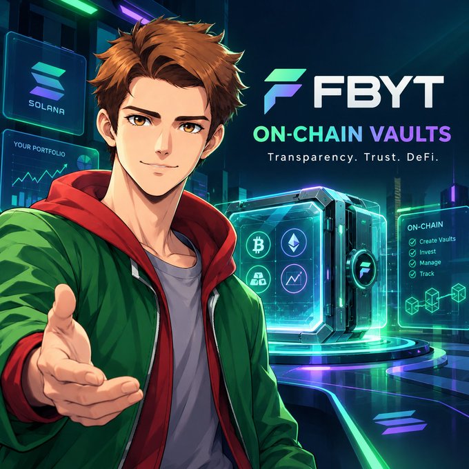 Anime-style promotional graphic for 'FBYT On-Chain Vaults' featuring a young character in a green hoodie with Solana branding, advertising DeFi features like Create Vaults, Invest, Manage, and Track.