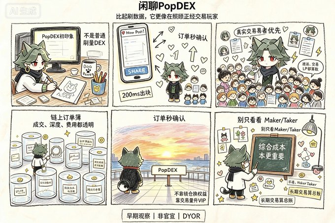 A Chinese promotional infographic titled "闲聊PopDEX" (Chatting about PopDEX) features six chibi-style panels depicting a cat-like character interacting with PopDEX features—including order confirmations in "200ms," LP rewards, on-chain transaction transparency (volume, depth, fees), and total cost analysis for Makers/Takers—visually reinforcing the caption's claim that PopDEX distinguishes itself from typical on-chain contract platforms through its Bitget Wallet integration, $30M funding, and user-focused trading mechanics.