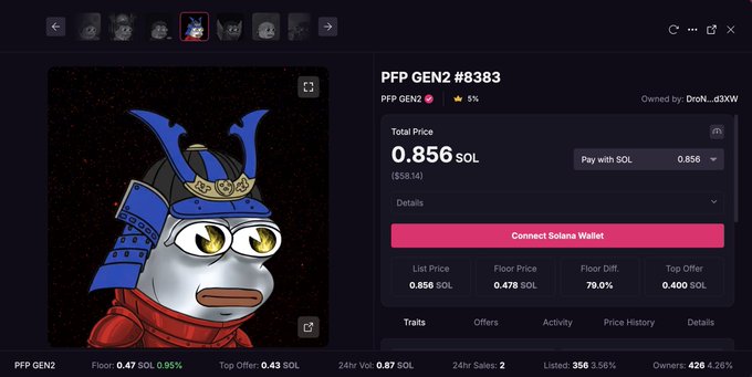 The image shows a computer screen displaying a page with information about buying NFTs (Digital Artwork Items) for sale, specifically focusing on PFP Genz NFTs. The screen also has a character of a person wearing a blue helmet and a red shirt, which is likely the main subject or theme of the post.