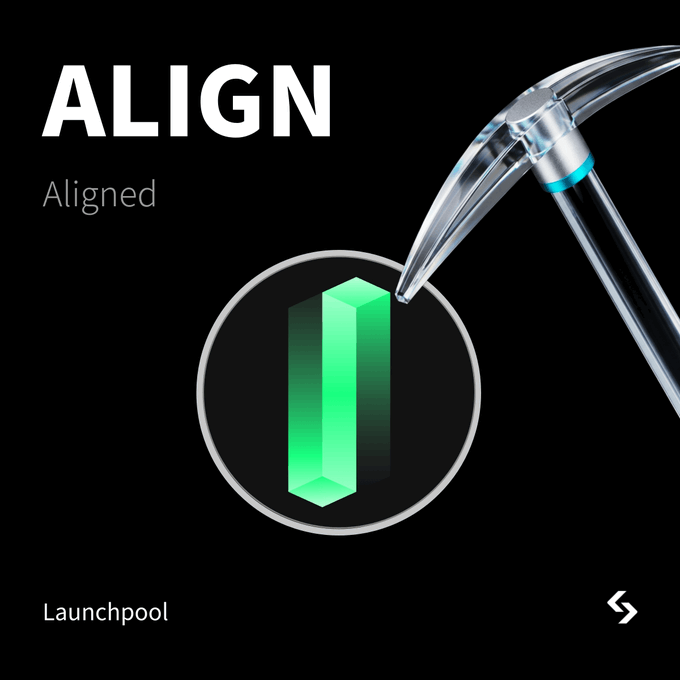 A graphic displays a silver pickaxe striking a green crystal inside a circle, with the word 'ALIGN' at the top, 'Aligned' below it, and 'Launchpool' at the bottom left.