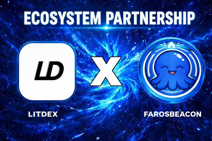 The image displays a promotional graphic for an "ECOSYSTEM PARTNERSHIP" between LITDEX (represented by its "LD" logo) and FAROSBEACON (represented by a blue octopus mascot icon), with the two logos separated by an "X" symbol against a vibrant blue cosmic background—visually announcing the collaboration highlighted in the post about building Web3 on LitecoinVM.