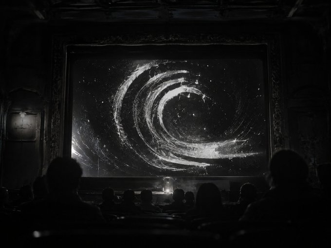 A black and white photograph showing the silhouettes of audience members watching a swirling, galaxy-like spiral pattern displayed on a large cinema screen.
