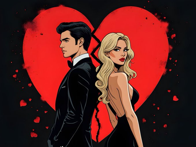 Stylized illustrated poster of a dark-haired man in a tuxedo and a blonde woman in a black dress standing back-to-back against a large broken red heart on a black background.