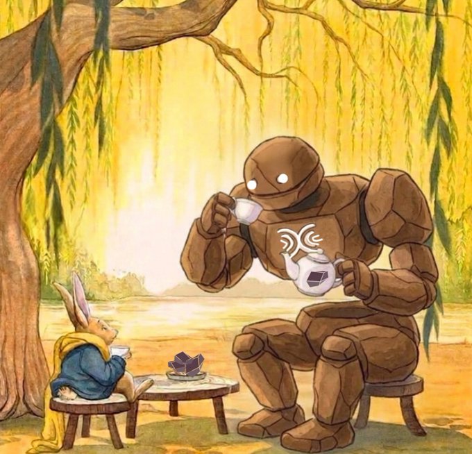 An illustrated scene of a rock golem having a tea party with a rabbit in a yellow cloak beneath a willow tree, with a Token (TNS) logo on the golem's teapot.