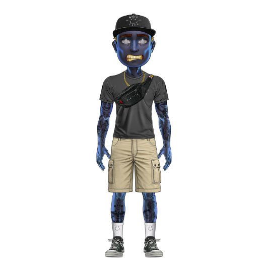A stylized cartoon character with blue patterned skin, glowing white eyes, and gold teeth, wearing a black cap, dark t-shirt with a crossbody bag, beige cargo shorts, white socks, and black sneakers, standing against a white background.