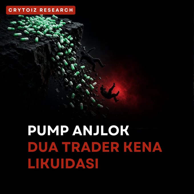 A dramatic Cryptoiz Research graphic titled 'PUMP ANJLOK DUA TRADER KENA LIKUIDASI' depicting two figures falling from a cliff alongside cascading green and white pills.