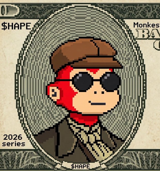A pixel-art portrait styled like a vintage banknote features a red-skinned character wearing a brown cap, round black sunglasses, and a gold chain, with "HAPE" and "Monkey" text visible alongside "2026 series." The image serves as a promotional mint announcement, detailing the HAPE NFT drop with a supply of 1,111, an August 18 date at 0.0013-0.0014 ETH pricing tiers, and teased whitelist opportunities, playing on the "The Hood is almost full" tagline.