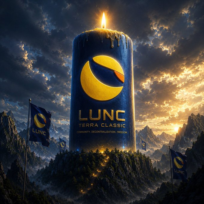 A giant, burning candle with the LUNC Terra Classic logo dominates a mountain landscape scattered with flags bearing the same emblem. The image visually represents the idea of "God candles" for $LUNC, suggesting a significant, potentially upward, price movement.