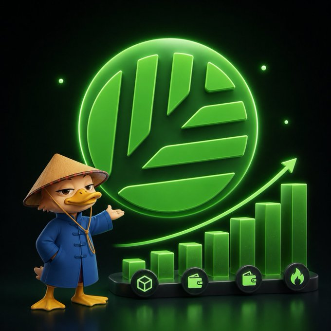 A 3D-rendered duck character wearing a blue coat and traditional conical hat stands beside a glowing green circular logo with bar charts, an upward arrow, and crypto/wallet icons, symbolizing rising market growth.