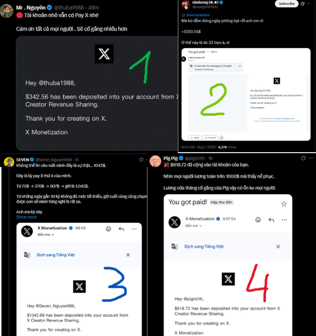 Four Vietnamese Twitter/X users share screenshots of X Monetization payouts—$342.56, $1,232.55, $1,042.88, and $618.72—with handwritten numbers 1-4 identifying each, as the post asks followers to guess which of the four payment screenshots is fake.