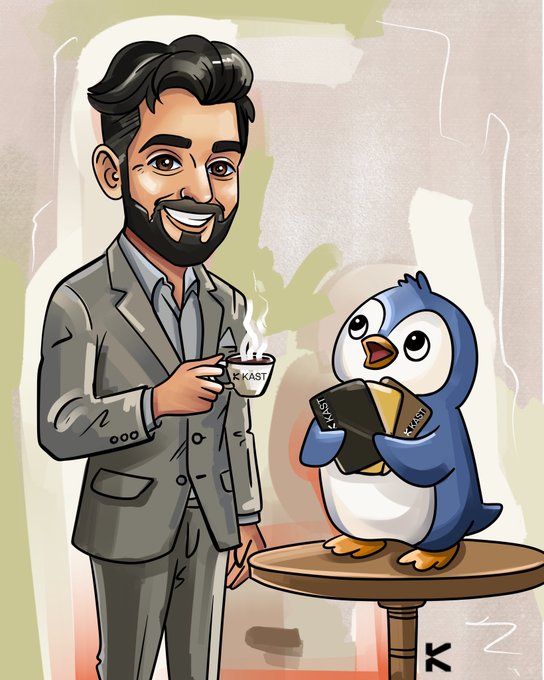 iced coffee and a book are held by a man with a beard, accompanied by a cartoon penguin on a wooden table against a white background.