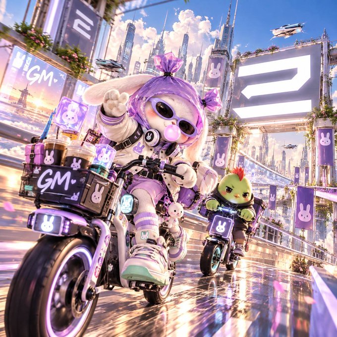 A vibrant, stylized 3D illustration of cute characters riding motorcycles through a futuristic neon-lit cityscape with flying cars and bunny logos.