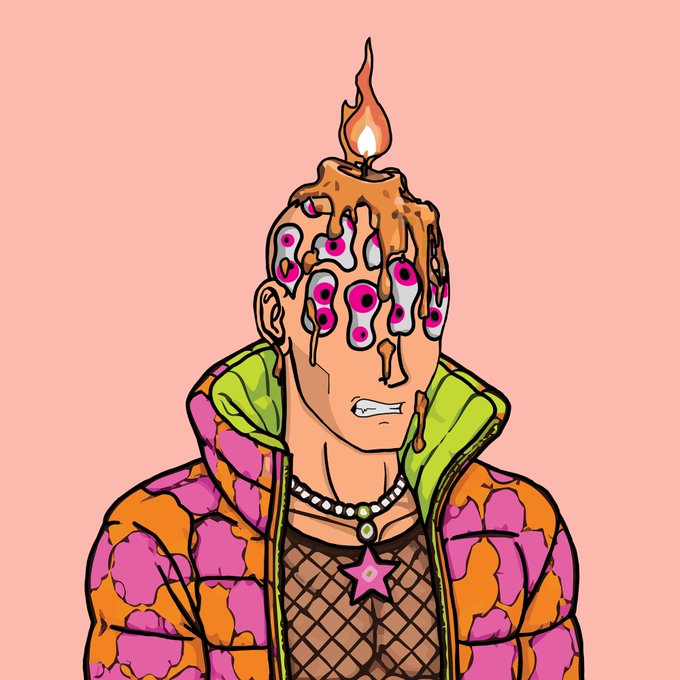 A digital illustration shows a person wearing a lit candle on their head, with dripping wax covering their face to reveal multiple pink and black eyes, dressed in a vibrant pink and orange tie-dye puffer coat with a fishnet top and star necklace. The image represents one of the unique "WEIRDO" NFT characters from the 0xmj.com collection, exemplifying the bizarre and eccentric designs revealed instantly upon minting.