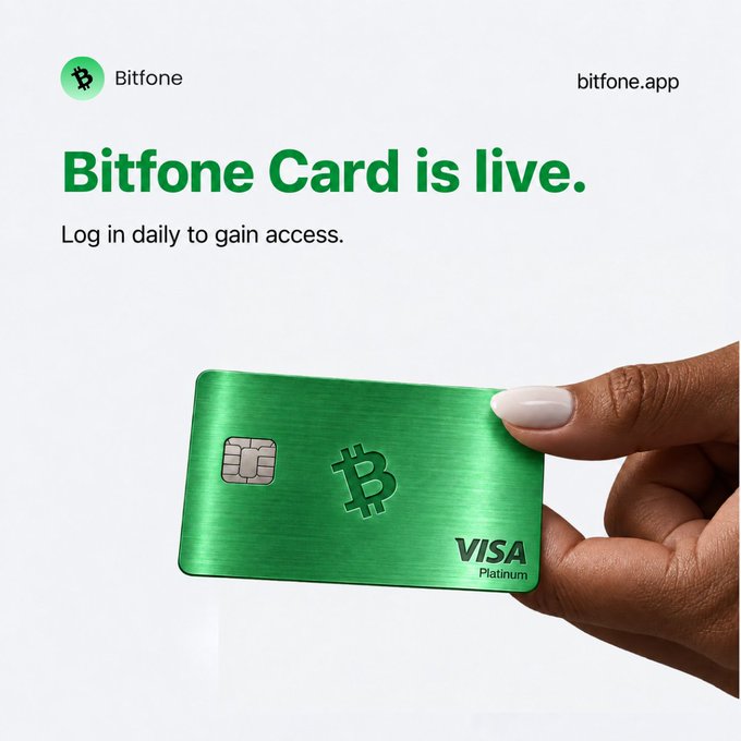 A hand holds a green metallic Bitfone Visa Platinum card featuring the Bitcoin logo, promoting the announcement "Bitfone Card is live" with instructions to "Log in daily to gain access" at bitfone.app. The image visually reinforces the post's news about the Bitfone Card being the second upgrade coming to the Bitfone app.