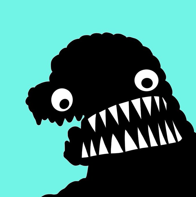 A black silhouette of a monster with sharp teeth and round eyes appears against a teal background.