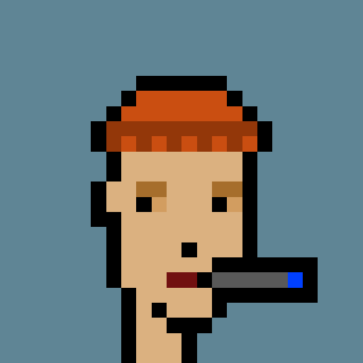 A pixel art portrait of a person wearing an orange beanie and smoking a cigarette, set against a solid light blue background.