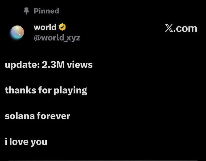 A pinned tweet from the "world" account (@world_xyz) celebrating reaching 2.3M views and expressing love for Solana, tying into the post's praise of the crypto project's savvy, trend-savvy marketing strategy.