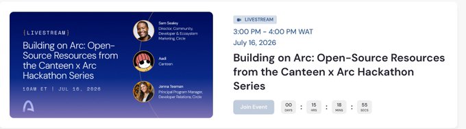 A promotional graphic for a livestream event titled 'Building on Arc: Open-Source Resources from the Canteen x Arc Hackathon Series,' scheduled for 3:00 PM – 4:00 PM WAT on July 16, 2026, featuring speakers Sam Smalley, Axel Carlsen, and Jovea Toeman, with a countdown timer.