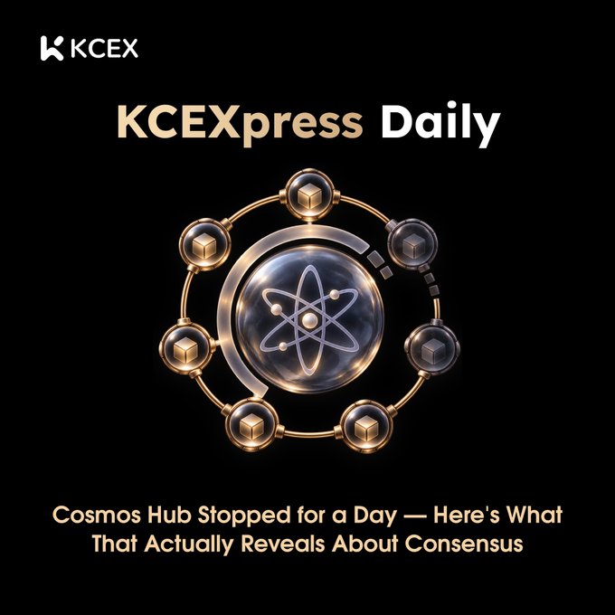 A promotional graphic for 'KCExpress Daily' by KCEX, featuring a cosmic atom design with the headline 'Cosmos Hub Stopped for a Day — Here's What That Actually Reveals About Consensus.'