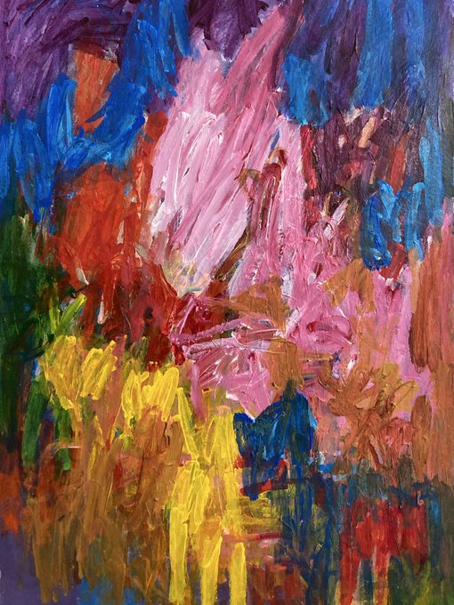 An abstract expressionist painting with thick, textured brushstrokes in a chaotic mix of vibrant pink, blue, red, yellow, and green colors.