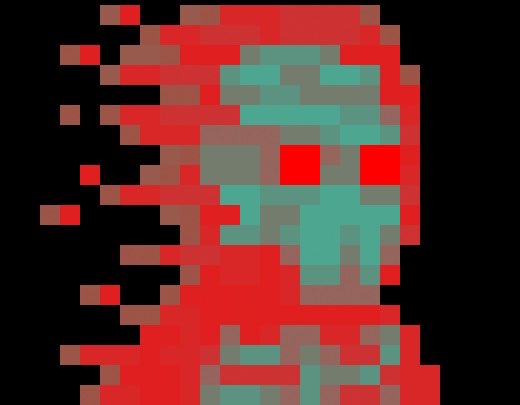 A pixelated digital glitch art image featuring red, teal, and brown squares against a black background.