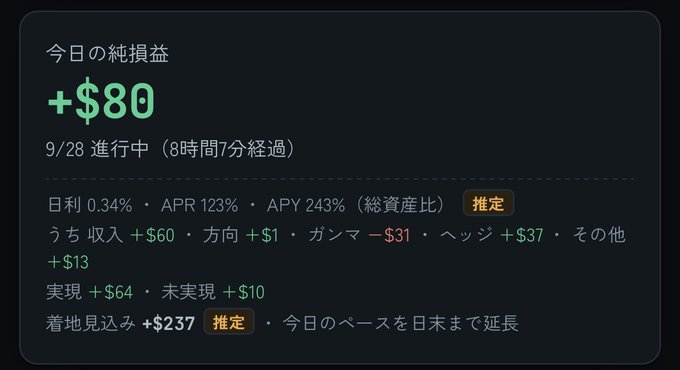 A dark-themed dashboard displays a trading bot's daily net profit of **+$80** (running since 9/28, 8 hours 7 minutes elapsed), showing a 0.34% daily rate, 123% APR, and 243% APY with +$60 in revenue offset by -$31 in fees and a +$237 estimated landing. This perfectly illustrates the post's boast about the bot earning $80 overnight at $10/hour, with the user planning to expand operations into Solana.