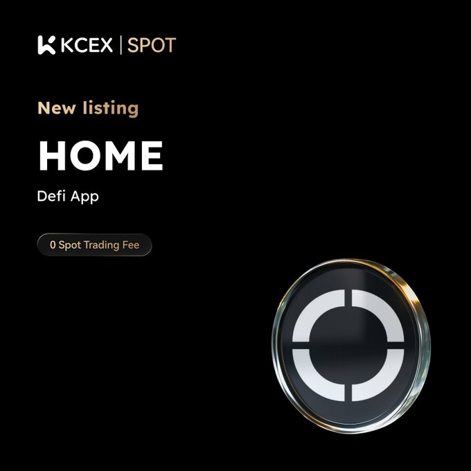 The image shows a black background with the words "KCEX" at the top, followed by the phrase "spot trading fees 0", which suggests that there are no spot trading fees associated with using this app called "HOME". The main object in the image is a silver circle labeled with a white dot inside it. This circular logo represents the "home" aspect of the app's name or branding.