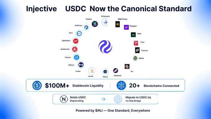 An infographic titled "Injective USDC Now the Canonical Standard" showing various blockchain logos and highlighting $100M+ Stablecoin Liquidity and 20+ Blockchains Connected.