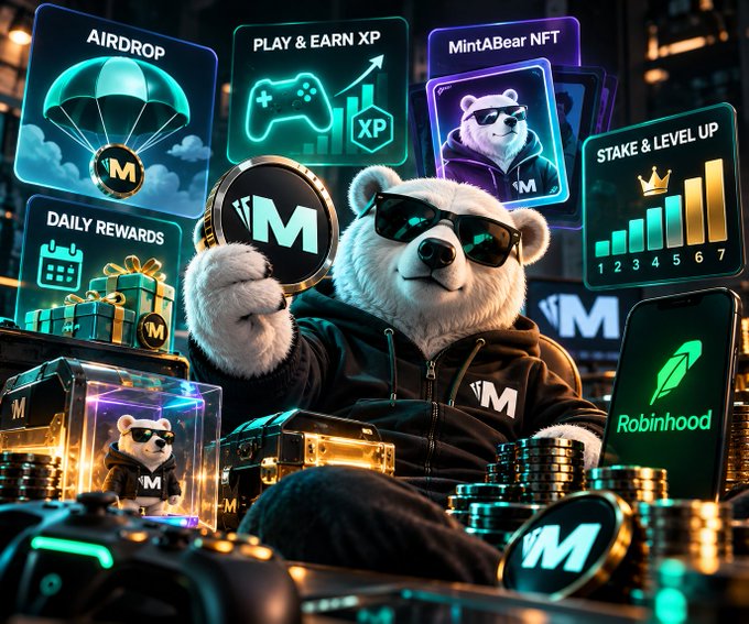 A vibrant promotional image featuring an anthropomorphic polar bear character wearing sunglasses and a hoodie with the letter 'M', surrounded by holographic displays showing 'AIRDROP', 'PLAY & EARN XP', 'MintABear NFT', 'STAKE & LEVEL UP', and 'DAILY REWARDS', with stacks of coins and a Robinhood phone in the foreground.
