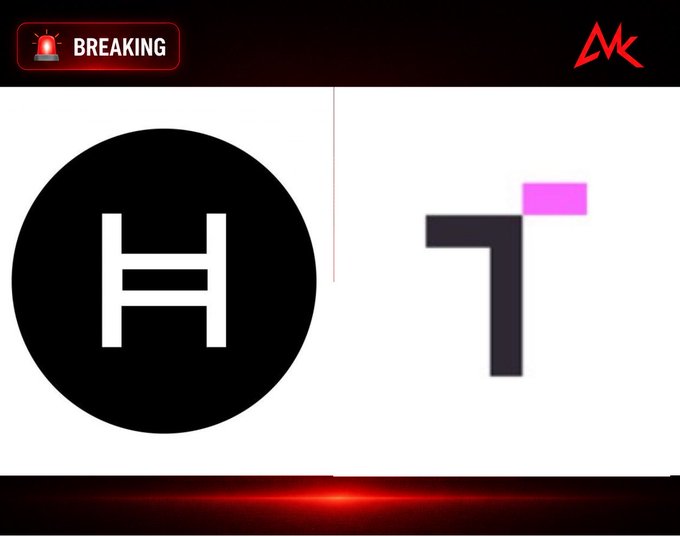 A graphic showing a breaking news alert with the 'H' (HBAR/Hedera) logo on the left and the 'T' (USDT/Tether) logo on the right, featuring an 'MK' watermark.