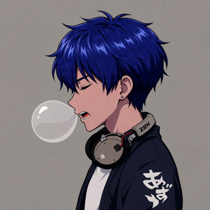 An anime-style illustration of a blue-haired character wearing headphones labeled 'ZEN' blowing a bubblegum bubble.