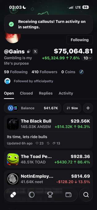 A screenshot of a Polymarket profile for @Gains showing a $75,064.81 portfolio balance, with holdings including "The Toad Pe..." ($TOAD) up +$430.72 (+86.4%) and "The Black Bull" ($ANSEM) up +$14.32K (+94.3%), aligning with the post's enthusiasm about holding $TOAD.
