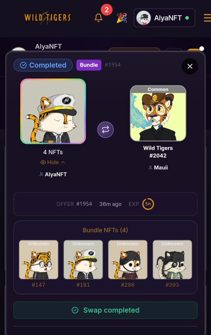 The image shows a screenshot of a mobile device displaying information about three cartoon characters, two of which are cats. The main content on the screen features a list showing the names and prices of different items, with the final item being "Wild Tigers". There is also a comment below the screenshot that reads "@AlyaNFTs @Mauii_MW successfully swap completed". The context behind this message suggests that someone has recently swapped or shared these cartoon characters online.