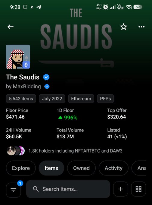 A mobile screenshot of an NFT collection called 'The Saudis' by MaxBidding, showing 5,542 items from July 2022 on Ethereum, with a floor price of $471.46, 24H volume of $60.5K, and 1.8K holders including NFTARTBTC and DAW3.