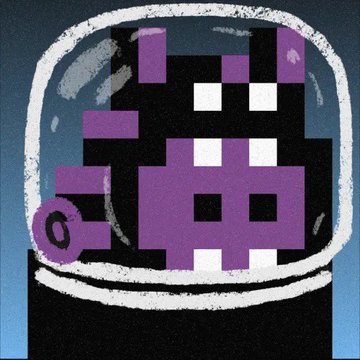 A stylized pixel-art illustration of a purple and white astronaut helmet floating against a blue background.
