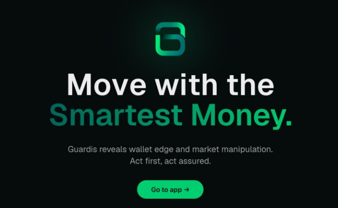 The image shows a black background with white text that reads "Move with the Smartest Money." The text also includes a green logo for Guardis Wallet Edge, which is an app designed to help users manage their finances more efficiently. The image suggests that the app can be used by anyone who wants to move money quickly and securely in a fast-moving ecosystem like Solana.