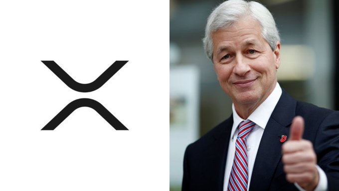The image shows the XRP logo alongside Jamie Dimon, CEO of JPMorgan, giving a thumbs-up. The caption relates to a claim about JPMorgan set to approve $XRP for retail payments and integrate it into its massive $4 trillion financial network, which would mark a major milestone for Ripple's digital asset in mainstream banking.