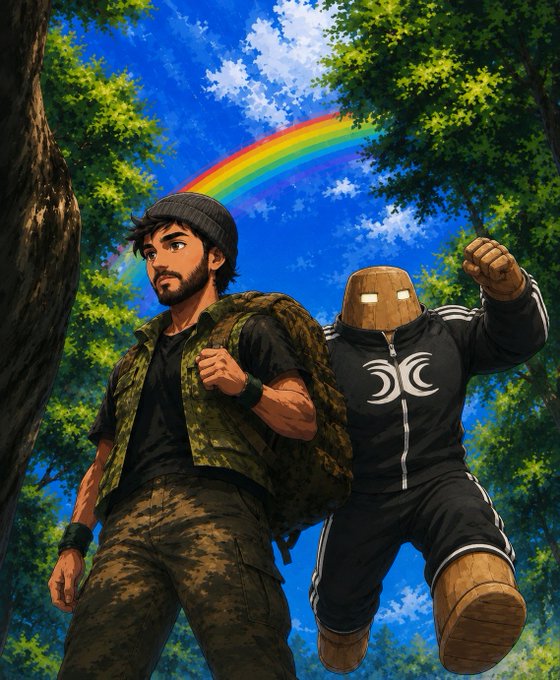 Anime-style illustration of two characters in a forest with a rainbow in the sky; one is a man in camo gear and a beanie, and the other is a figure in a black tracksuit with a wooden mask.