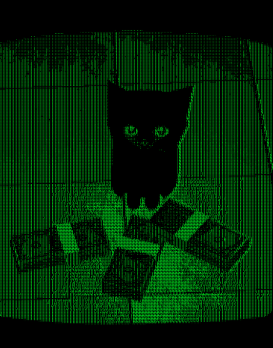 A green night-vision style image shows a dark cat with glowing eyes standing over scattered VHS tapes on the floor.