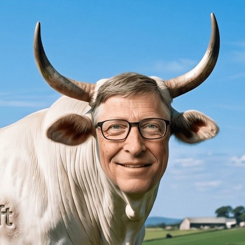 A surreal image showing a man's face, resembling Bill Gates, superimposed onto the body of a white bull with large horns in a green field.