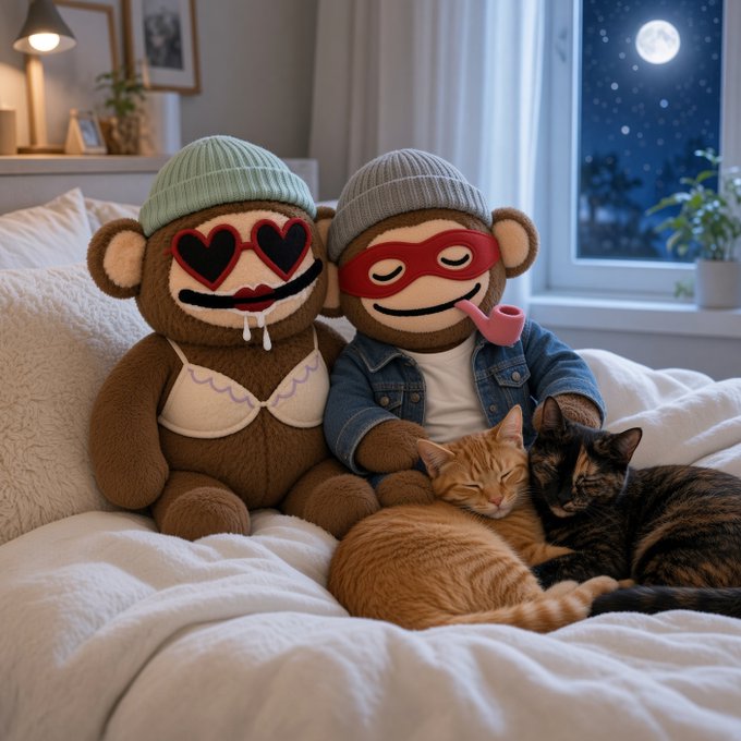 Two Bored Ape-style plush toys, one wearing heart-shaped glasses and a bikini top and the other with a red eye mask and pipe, sit on a bed with two sleeping cats in front of them.
