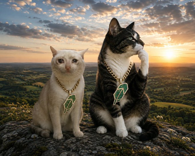 Two majestic cats—one cream-colored and one tabby—sit regally atop a rocky cliff overlooking a sprawling countryside at sunset, both adorned with flashy emerald gemstone necklaces on golden chains that symbolize luxury and meme coin swagger.

The image playfully embodies the post's bullish hype around feline-themed memecoins like $CASHCAT, $HMM, and $WIF, with the bling-decked cats projecting the "multi-billion dollar" confidence advocated for on the Robinhood Chain.